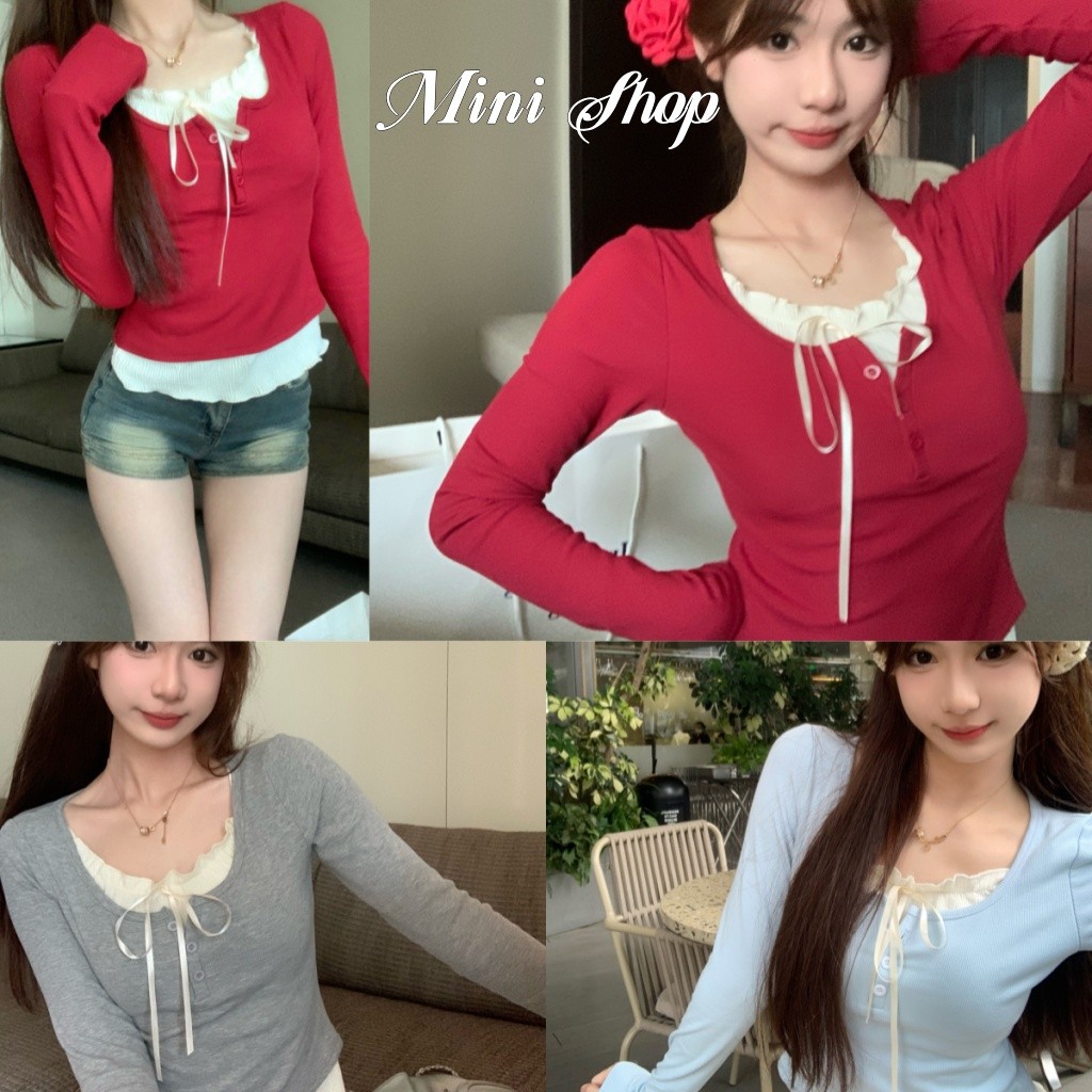 Mini shop พร้อมส่ง (E356) 4สี ​พร้อมส่ง เสื้อไหมพรมคอกลม แขนยาว ยืดตามตัวสีพื้นผ้านิ่ม สไตล์เกาหลี สวมใส่สบาย ใส่สบาย