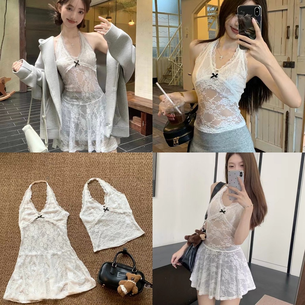 Evelyn ​เสื้อคล้องคอลูกไม้ น่ารักมากๆ สีขาวสั้นและยาว แต่งโบว์ ซีทรูเบาๆ สุดเซ็กซี่ พร้อมส่ง#FY2016/M0559