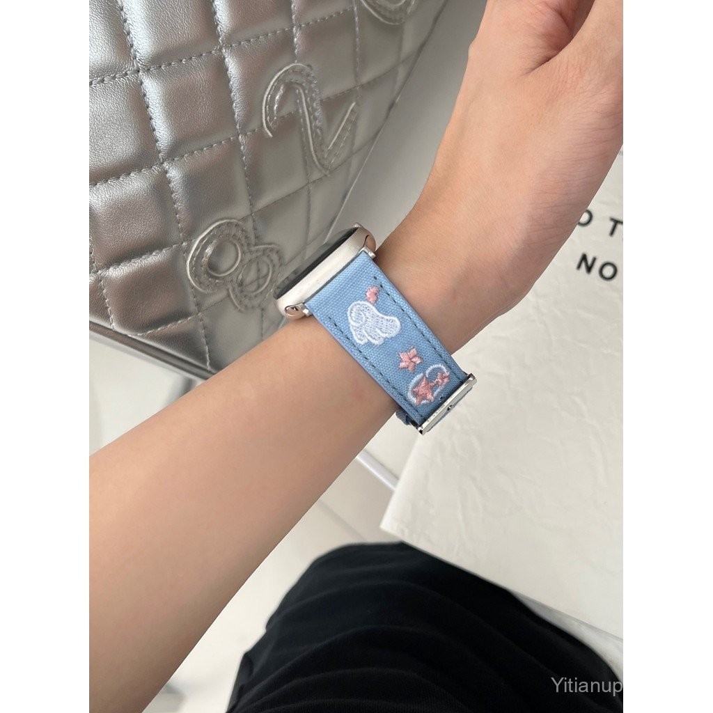 สมาร์ทนาฬิกา S9/8/7 /se/ 6/5/4/3/2/1ปักปีกสายหนังผ้าใบ38/40/41/42/44/45/49mm22mmสายรัด สายหนัง สาย