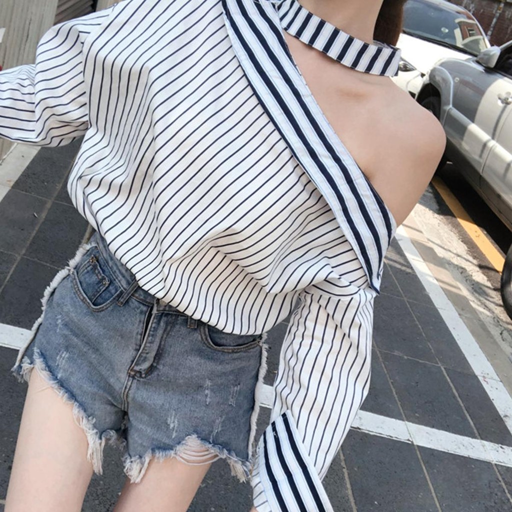 mimi&didi#เสื้อปาดไหล่ลายทางหรูหราสไตล์ฝรั่งเศส เสื้อเชิ้ตแขนยาวที่ไม่มีสายหนัง เซ็กซี่ แฟชั่น สำหรับผู้หญิง#W488