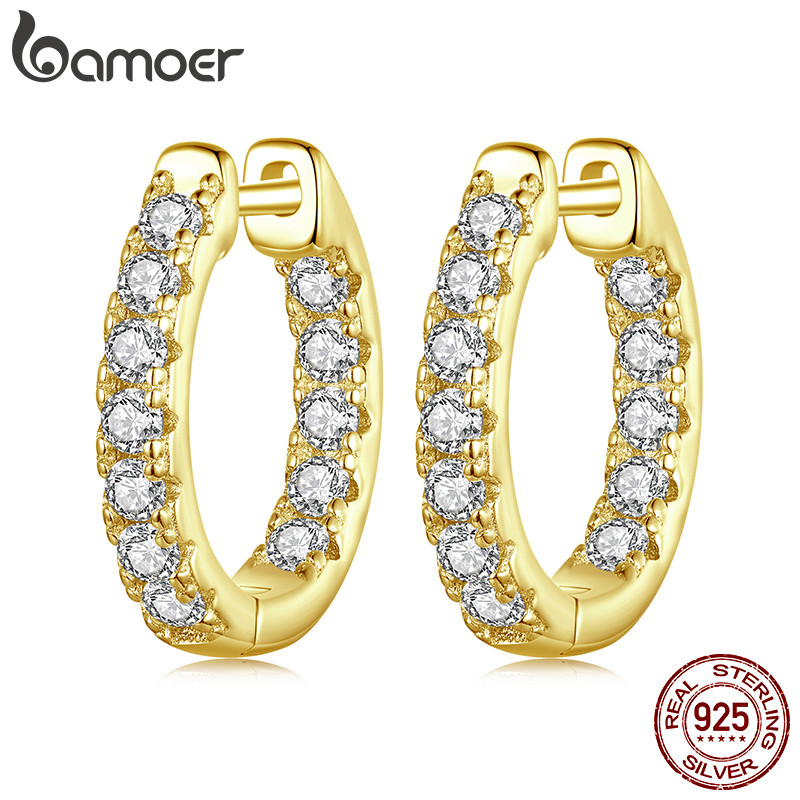 Bamoer 925 เงินสเตอร์ลิง Sliver Hoop ต่างหู Sparking Moissanite Gold สี Shining เครื่องประดับของขวัญสําหรับผู้หญิง