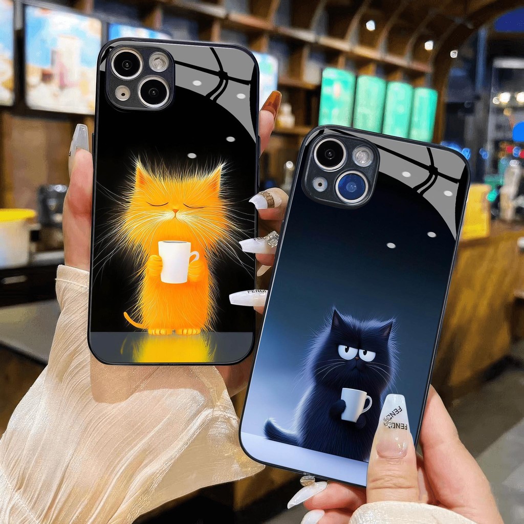 สีดําและสีขาวแมวแก้วกรณีถือถ้วยสําหรับ iphone 16 15 14 13 12 11 x xs xr 8 7 6 pro max plus mini 6s 6