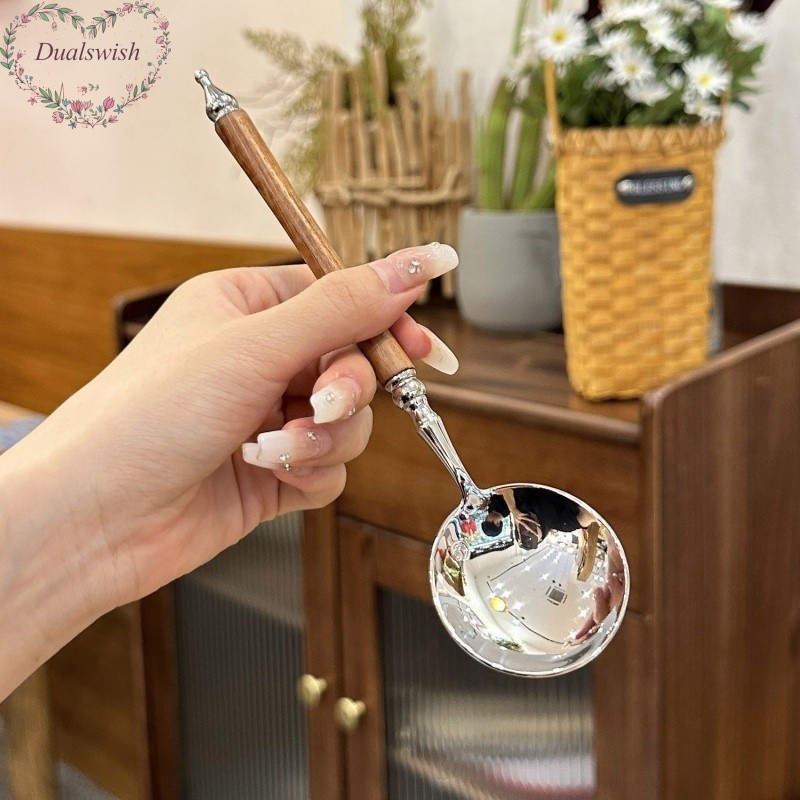 Dualswish Pear Wood Handle ช้อนสแตนเลสด้ามยาวช้อนหัวกลมในครัวเรือนช้อนข้าวช้อนช้อนขนม