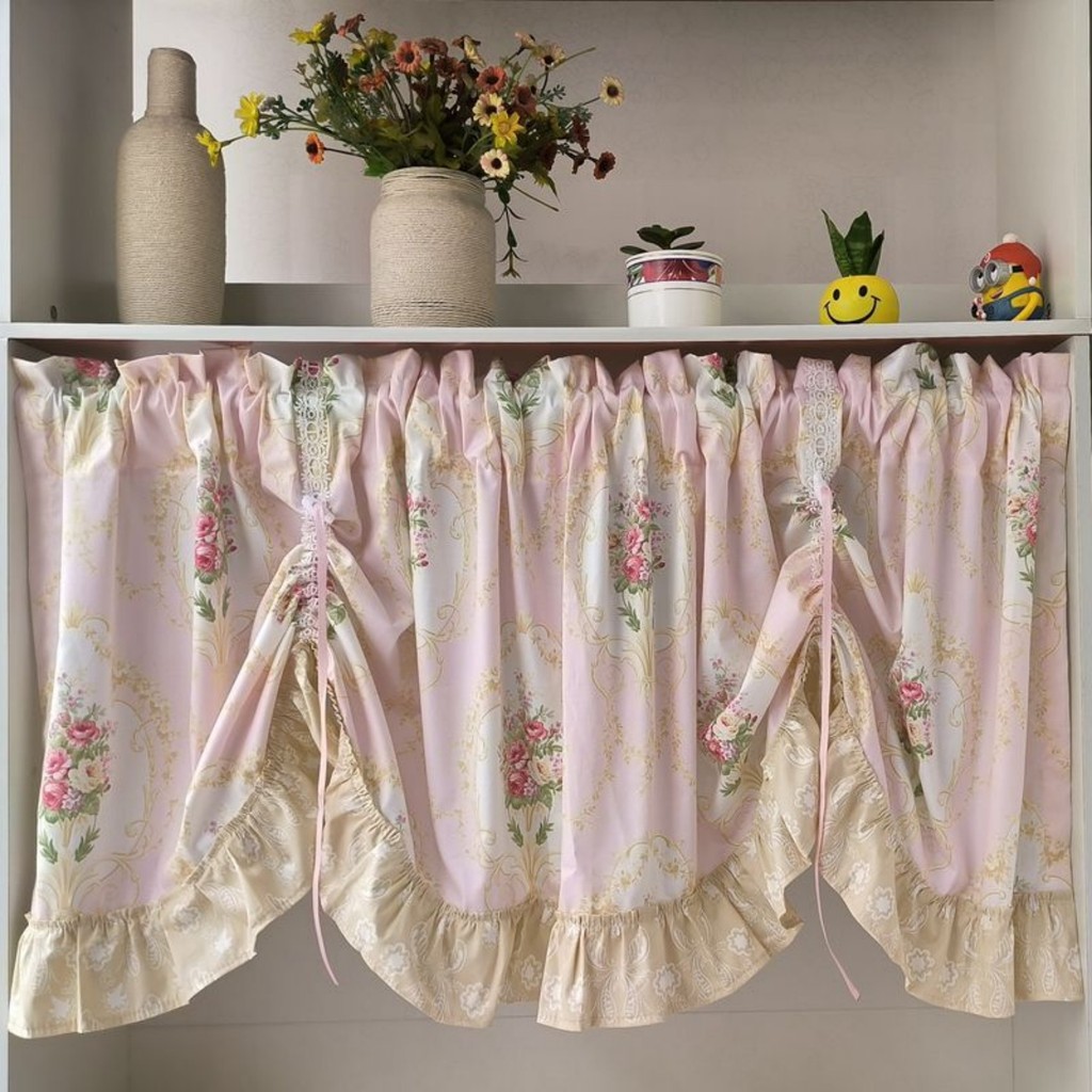 Vintage Tie Up Valance ดอกไม้หรูหรา Semi Windows Farmhouse Valance พร้อม Ruffles แผงหน้าต่างปรับได้สําหรับห้องครัวห้องนั่งเล่น 1 แผง