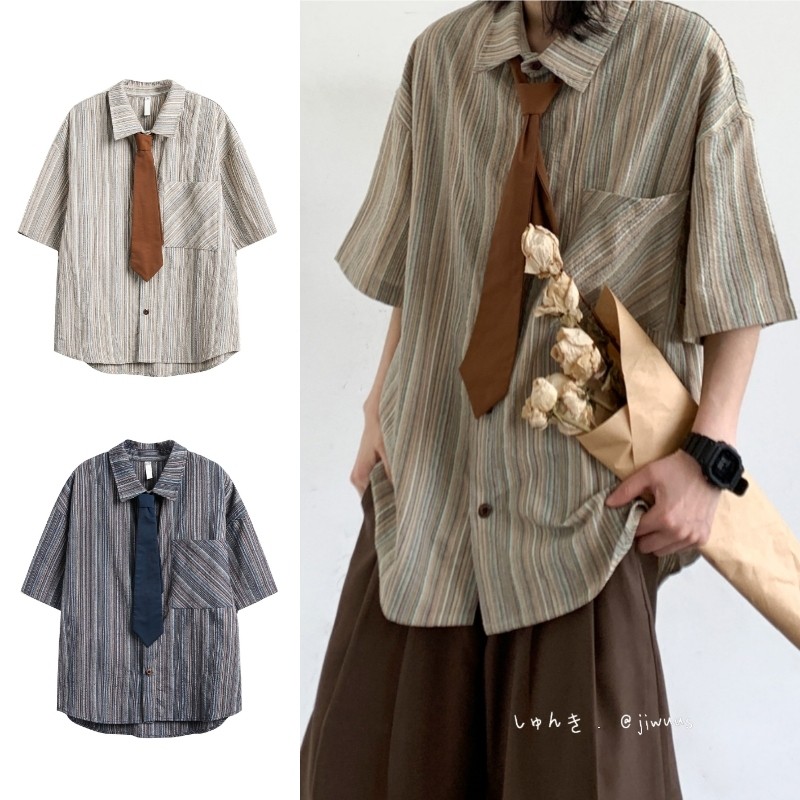 ASRV ญี่ปุ่นย้อนยุคแนวตั้งลายลําลองหลวมเสื้อแขนสั้นสําหรับผู้ชายและผู้หญิงในช่วงฤดูร้อน (ไม่มีผูก)