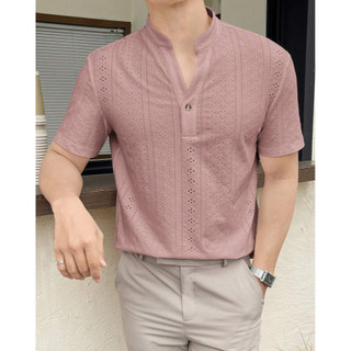KINWOO Men's Summer Hollow Woven Short Sleeve Shirt Casual office Polo T555
