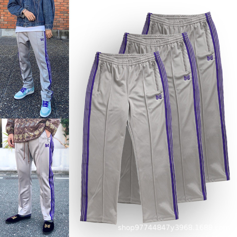 NEEDLES TRACK ผีเสื้อปักริบบิ้น Retro Casual ฤดูใบไม้ผลิฤดูใบไม้ร่วงกางเกงหลวมกางเกงกีฬาตรงผู้ชาย