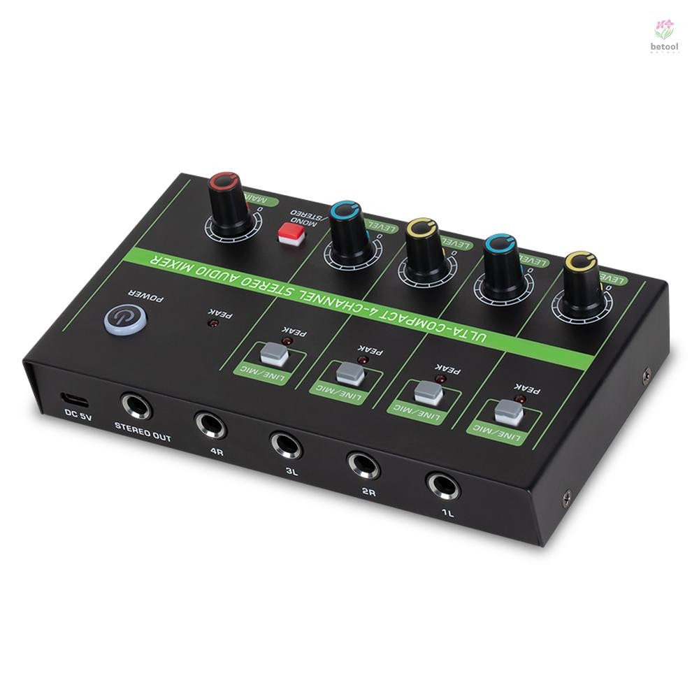 4 Channel Audio Mixer ไมโครโฟน Low-noise Mono Stereo LINE Mixer LINE/MIC Mode Switching Type-C Power Supply สําหรับไมโครโฟนแบบมีสายเปียโนอิเล็กทรอนิกส์คอมพิวเตอร์กีตาร์อิเล็กทรอนิกส์ Dr