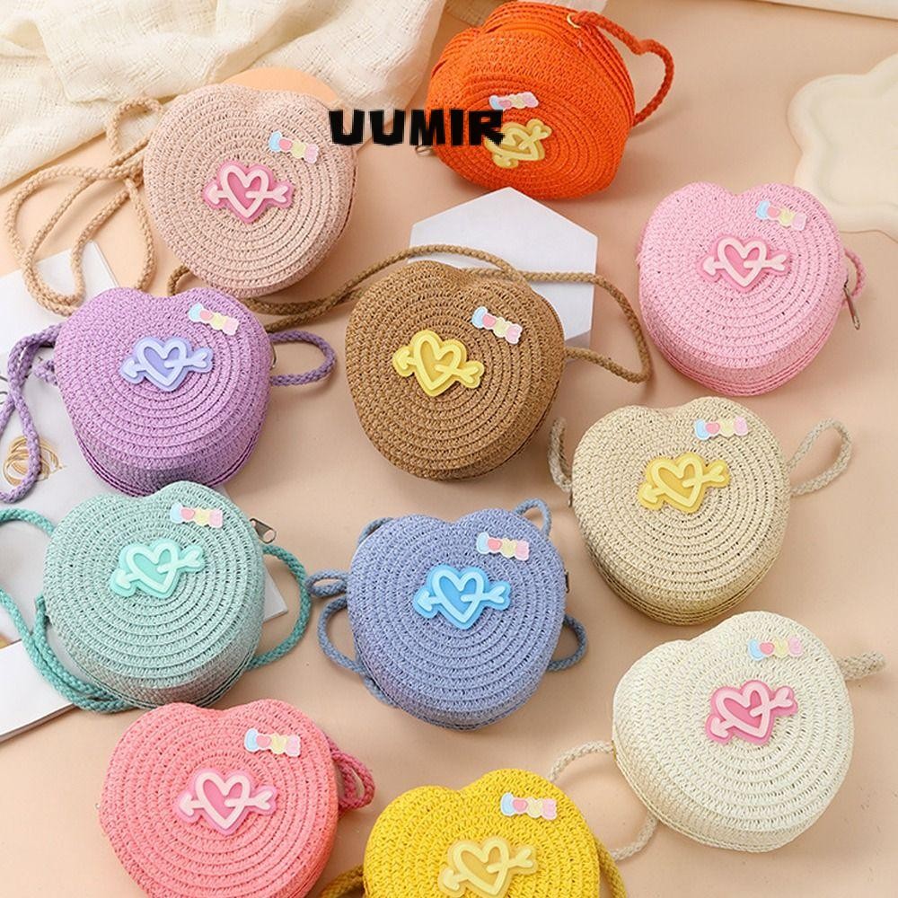 ยูมิร์ กระเป๋าสะพายข้าง,กระเป๋าสะพายไหล่น่ารักทอฟาง,กระเป๋าใส่เหรียญรูปหัวใจสร้างสรรค์น้ําหนักเบาแฟชั่นสําหรับเด็ก