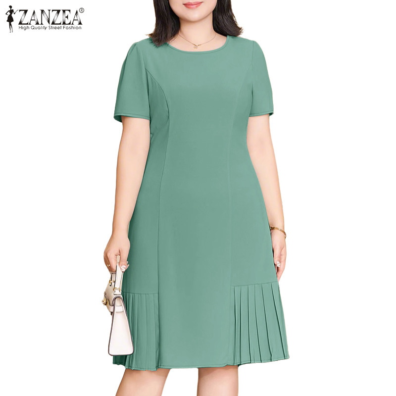 ZANZEA ชุดเดรสแขนสั้นชายอัดจีบแฟชั่นเกาหลีสําหรับผู้หญิง