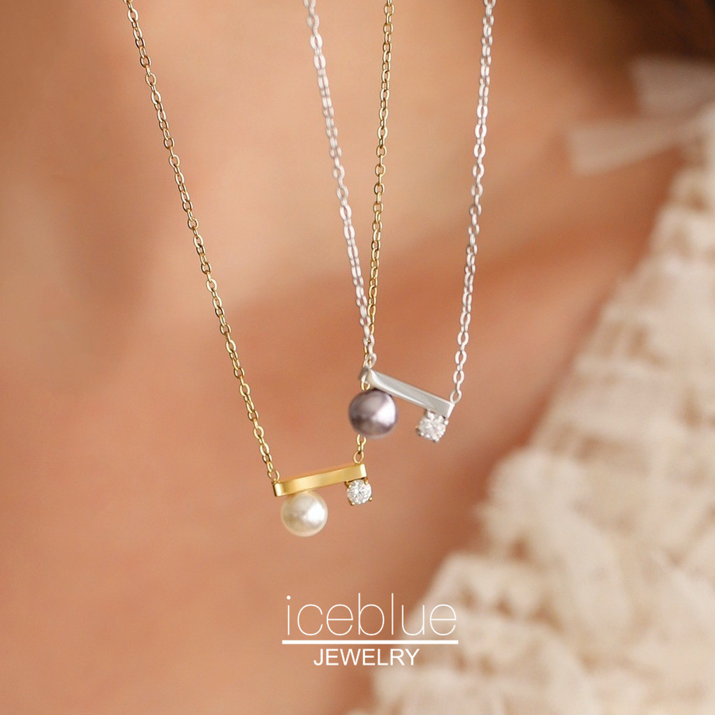 iceblue-Metal Balance Beam Simple Rhinestones ทองสีขาว/สีม่วงสีเทาสร้อยคอไข่มุก 18K Gold Plated Non Tarnish เครื่องประดับไทเทเนียมเหล็กจี้สร้อยคอผู้หญิง N144