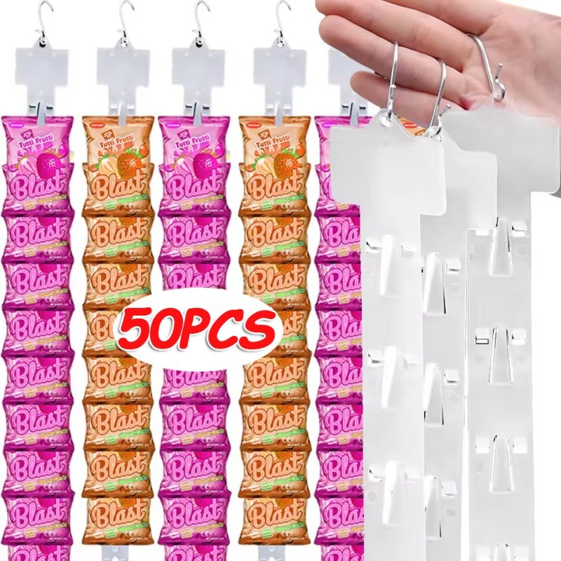 10-50 ชิ้น Store ไม้แขวนเสื้อแสดงขนมขบเคี้ยว / แถบเก็บขนมใสพร้อมตะขอ / ขายปลีกชั้นวาง Organizer