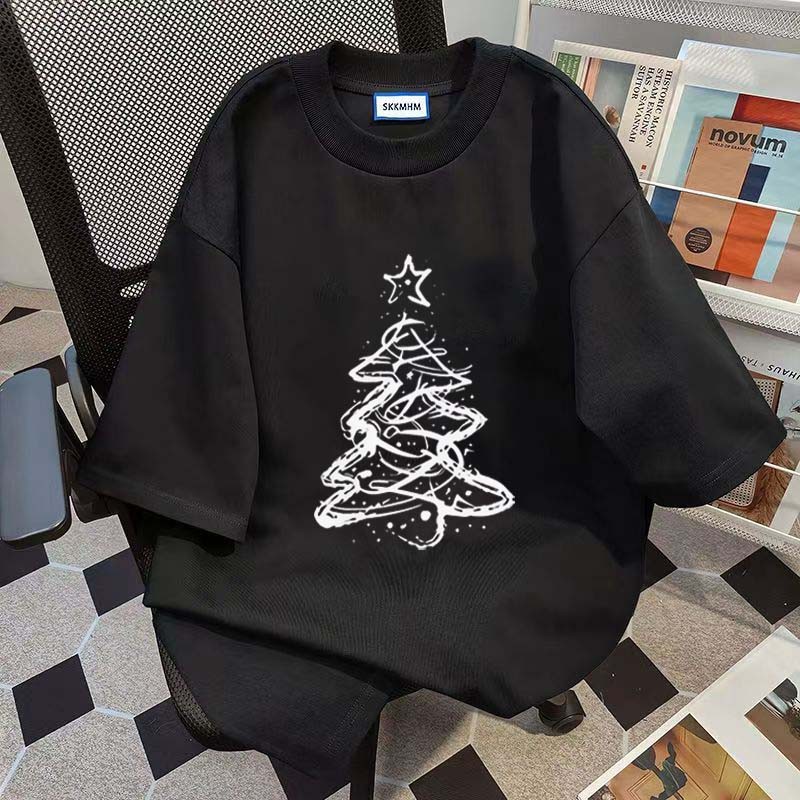 (จัดส่งตลอด 24 ชั่วโมง)Woo Right เสื้อยืดสไตล์ฮาราจูกุเมอร์รี่คริสต์มาสต้นคริสต์มาสพิมพ์ผ้าฝ้าย 100% คุณภาพดี