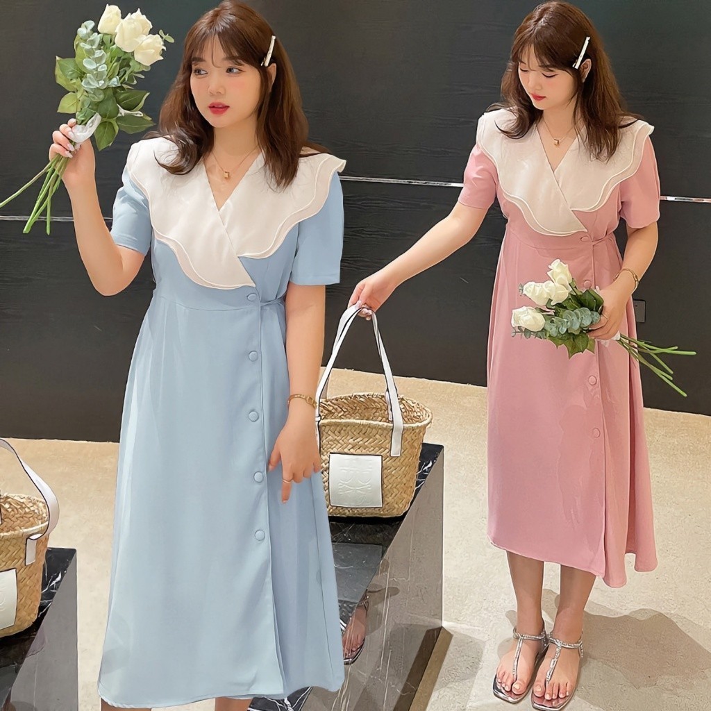 【ใหม่】 S-4XL เดรสสไตล์ฝรั่งเศสไซส์ใหญ่ เหมาะสำหรับสาวพลัสไซส์ เดรสคอระบายทรงเอ แฟชั่น ให้ดูผอมเพรียว ทรงหลวม เดรสยาว