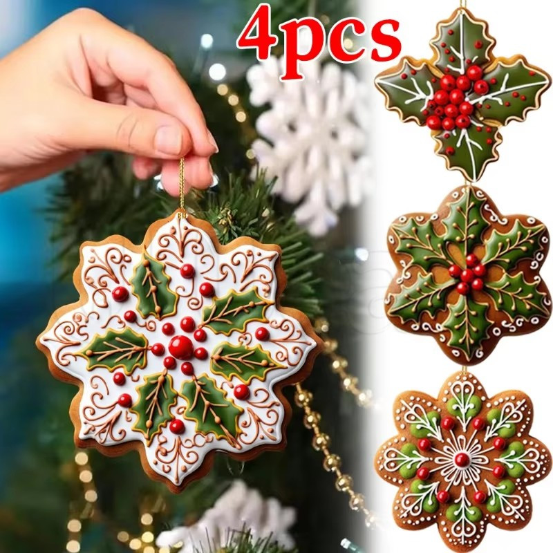 4 ชิ้นคริสต์มาสเกล็ดหิมะอะคริลิคจี้แบน - 2D เกล็ดหิมะจี้ - DIY พวงหรีดหัตถกรรมตกแต่ง - ของขวัญเทศกาลเด็ก - ตกแต่งบ้านบรรยากาศ - เครื่องประดับแขวนต้นคริสต์มาส