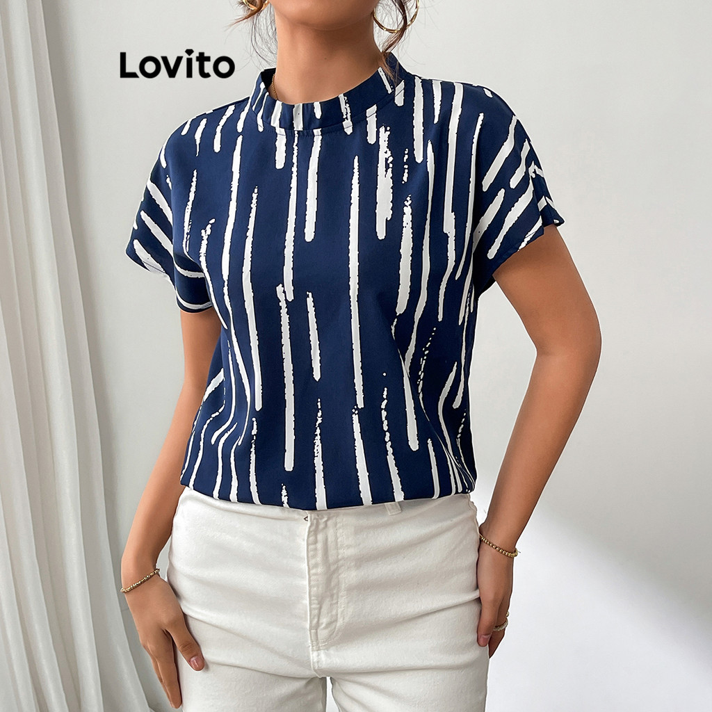 Lovito เสื้อเบลาส์ผูกหลังลายทางสุดหรูหราสำหรับผู้หญิง LBL18395