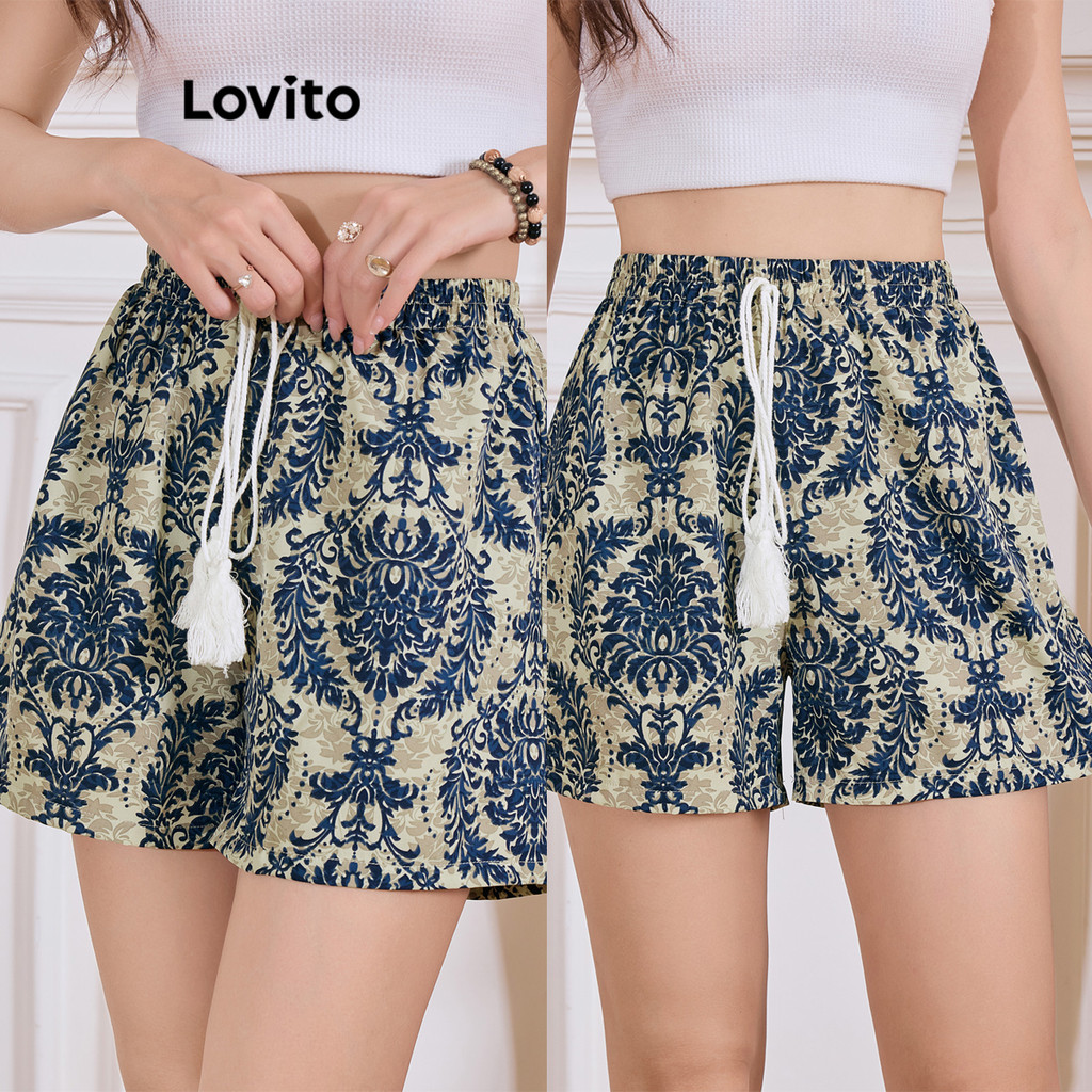 Lovito กางเกงขาสั้นลายพู่พิมพ์ชนเผ่าลำลองสำหรับผู้หญิง L109MD717