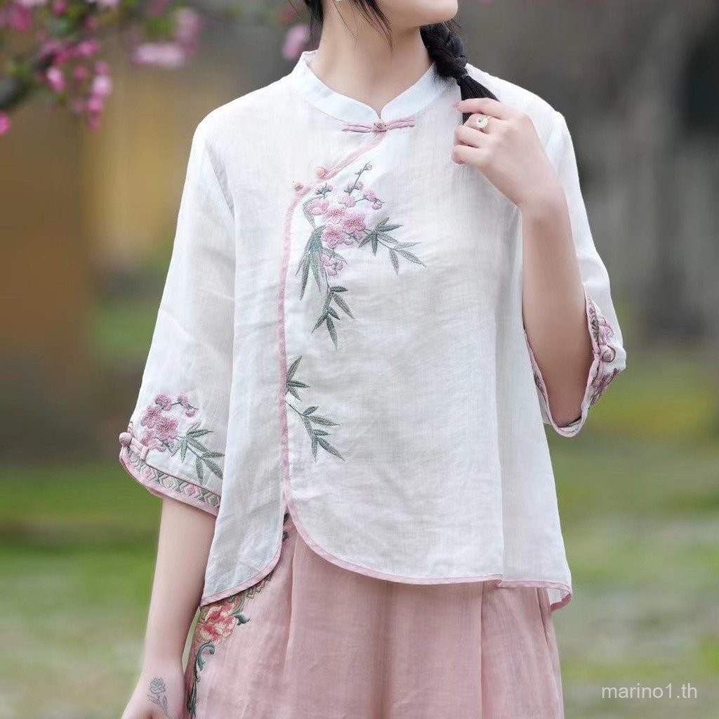 H Anfu ด้านบน qipao เสื้อด้านบน CNY ผู้หญิงสไตล์แห่งชาติ2024วินเทจเสื้อหัวเข็มขัดยืนปกฤดูร้อนในแนวทแยงสไตล์จีนเครื่องเย็บปักถักร้อย3/4แขนเสื้อขนาดเล็กด้านบนผู้หญิง