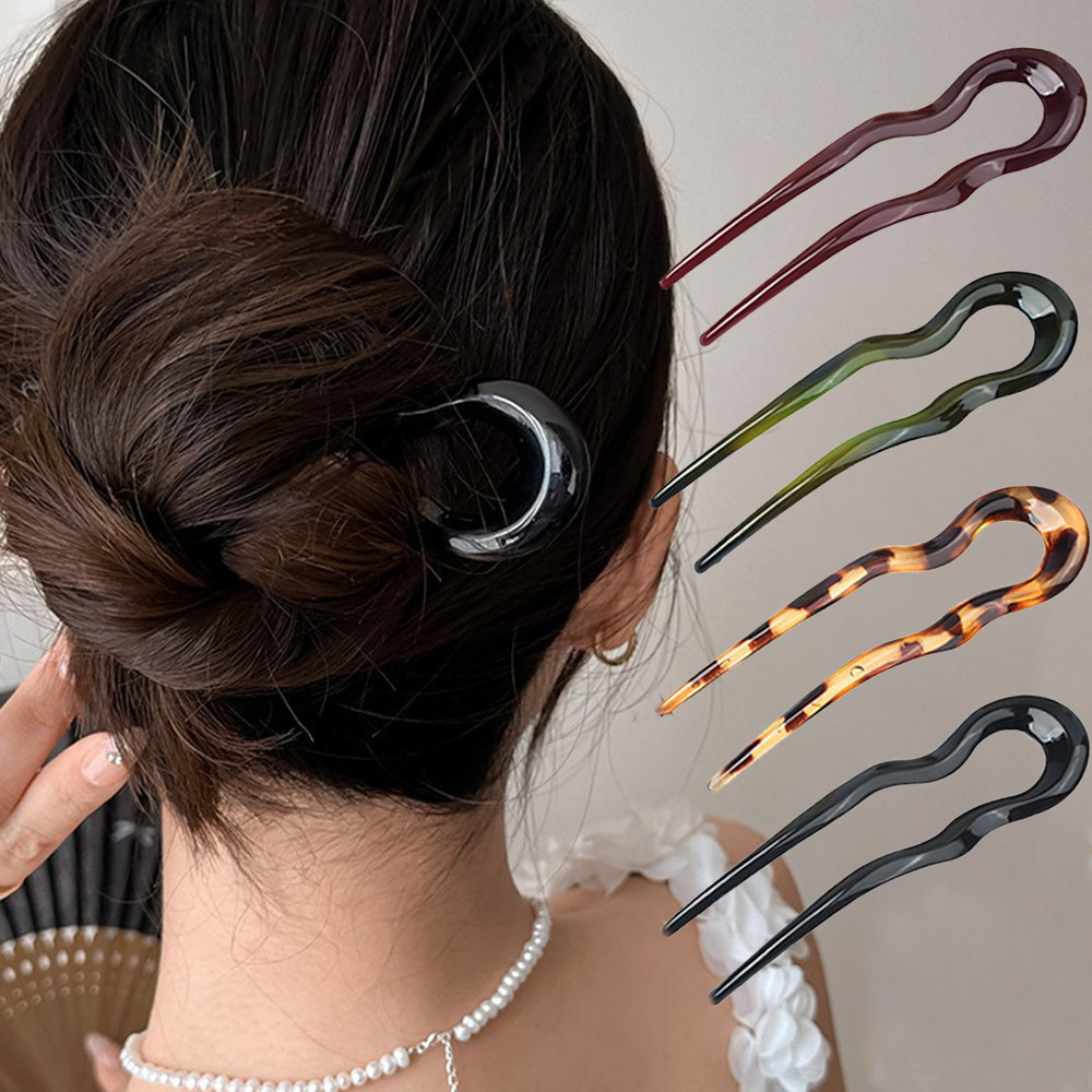 แฟชั่น Twist ผม Stick Acetate หยัก U-Shaped Hairpin เต่าผู้หญิงผม Bun Pin จัดแต่งทรงผม Headwear