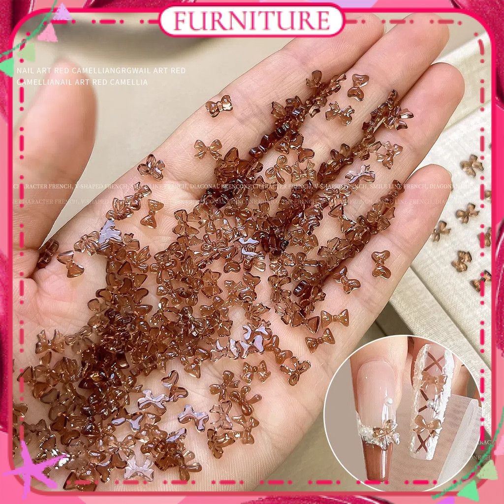 ♕ ริบบิ้นตกแต่งเล็บแบบใส 100 ชิ้น พร้อมโบว์ขนาดเล็กสีแดงแชมเปญ อุปกรณ์ตกแต่งเล็บ อุปกรณ์ทำเล็บสำหรับร้านทำเล็บ เฟอร์นิเจอร์