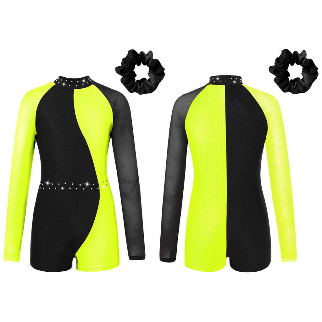 Manakai เด็กสาวเต้นรําชุดแขนยาว Mock คอ Contrast สีซิปกลับ Jumpsuit ผม Tie Headwear สําหรับยิมนาสติกสเก็ตประสิทธิภาพ - รูปที่ 3