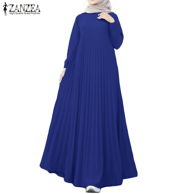 ZANZEA ใส่ ซานเซีย ผู้หญิงมุสลิมทุกวันสบายๆลูกเรือคอธรรมดาสีจีบ ก มิ้ม ชุด