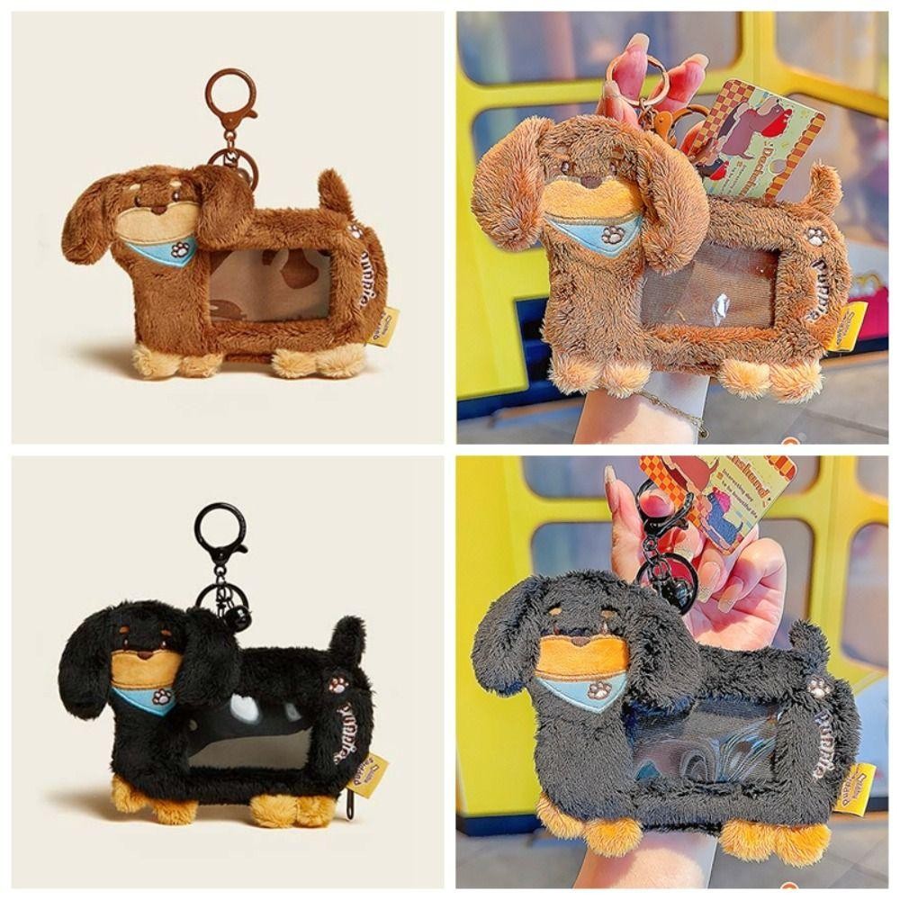 Riverstone Dachshunds Card Cover, PP Cotton Dust Sausage Dog Card Holder, Cute Doll Bell PVC Plush Photo Protective Case Girl