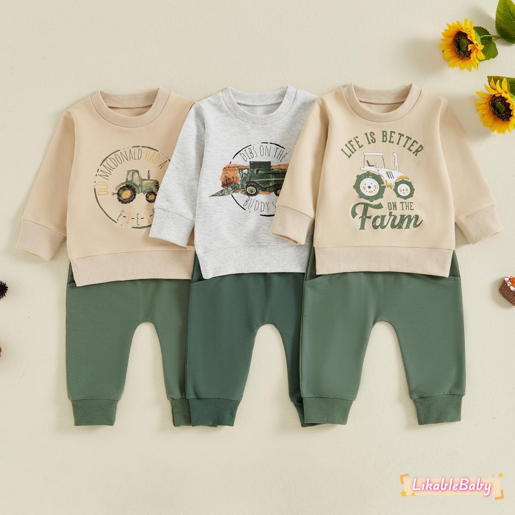 Little Boy Letter Tractor พิมพ์เสื้อยืดแขนยาวกางเกงเอวยางยืดมีกระเป๋า 2 ชิ้น