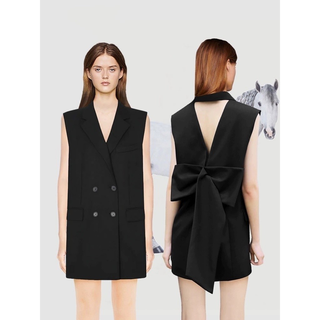 ImoveEuropean Style Womens Backless Three-Dimensional Bow Top Loose Sleeve Suit Skirt Thin Commuting Work Clothes