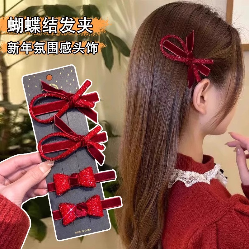 ปีใหม่กิ๊บโบว์กํามะหยี่สีแดงเครื่องประดับผมสําหรับผู้หญิง - รูปที่ 2