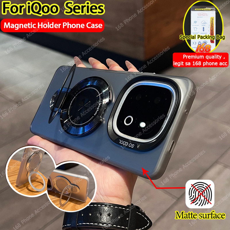 เคส IQOO 13 15 15R เคสโทรศัพท์กันกระแทกพร้อมที่วางโทรศัพท์แม่เหล็กเคลือบแข็งเคสโทรศัพท์ป้องกันลายนิ้วมือถุงลมนิรภัยสีสันสดใสเคสโทรศัพท์ IMD ชุบ
