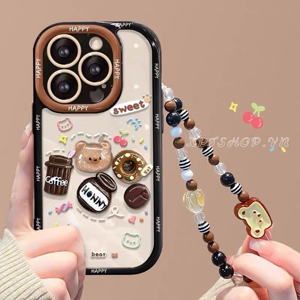 สามมิติ Doughnut กาแฟหมี + โซ่เคสโทรศัพท์สําหรับ iPhone 16 Pro Max 16 Plus 15 Pro Max 14 13 12 11 Pro Max กันกระแทกป้องกันอะคริลิคปลอก