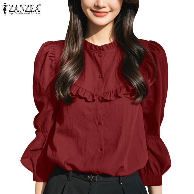 ZANZEA ใส่ ซานเซีย ผู้หญิงเกาหลีลําลอง โอ-คอสีทึบไม้ตัดเสื้อแขนยาว