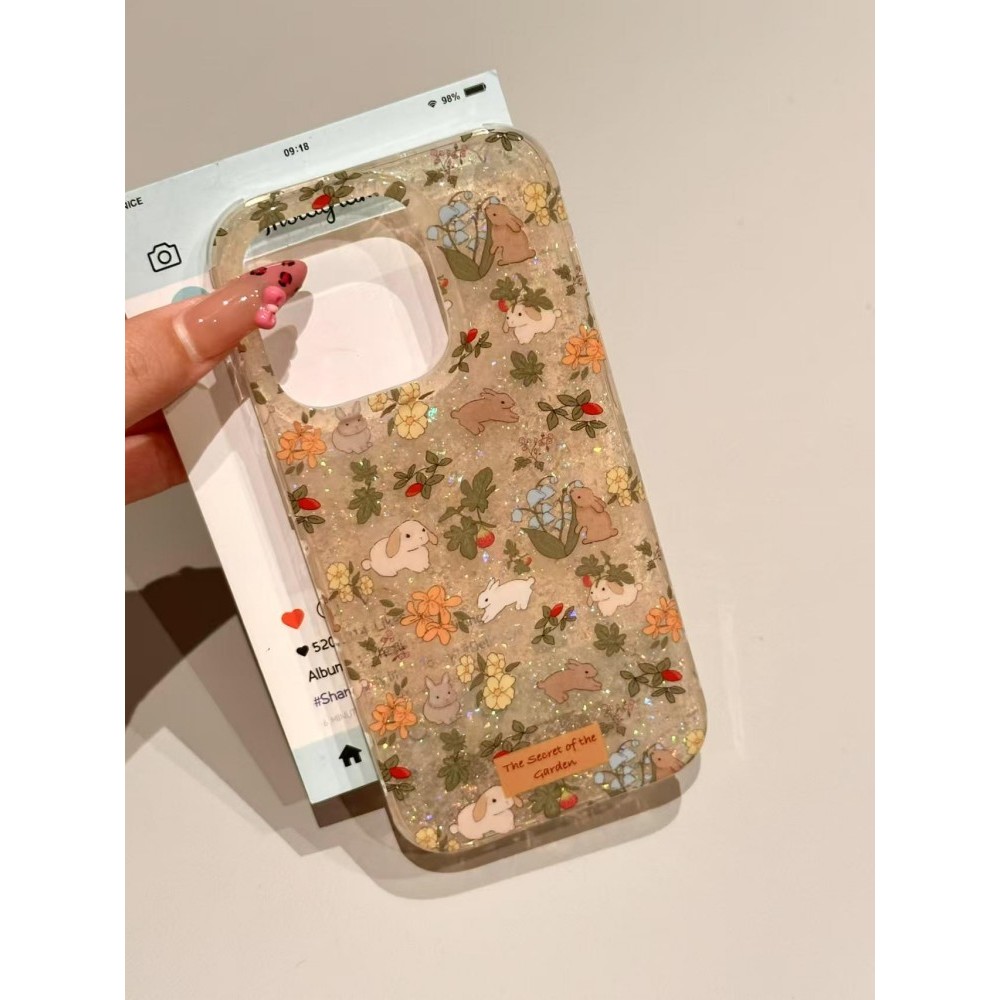 Glitter Floral Rabbit เหมาะสําหรับ iPhone16promax Apple 15 เคสโทรศัพท์ 14 กันกระแทก 13 รวมทุกอย่าง 1
