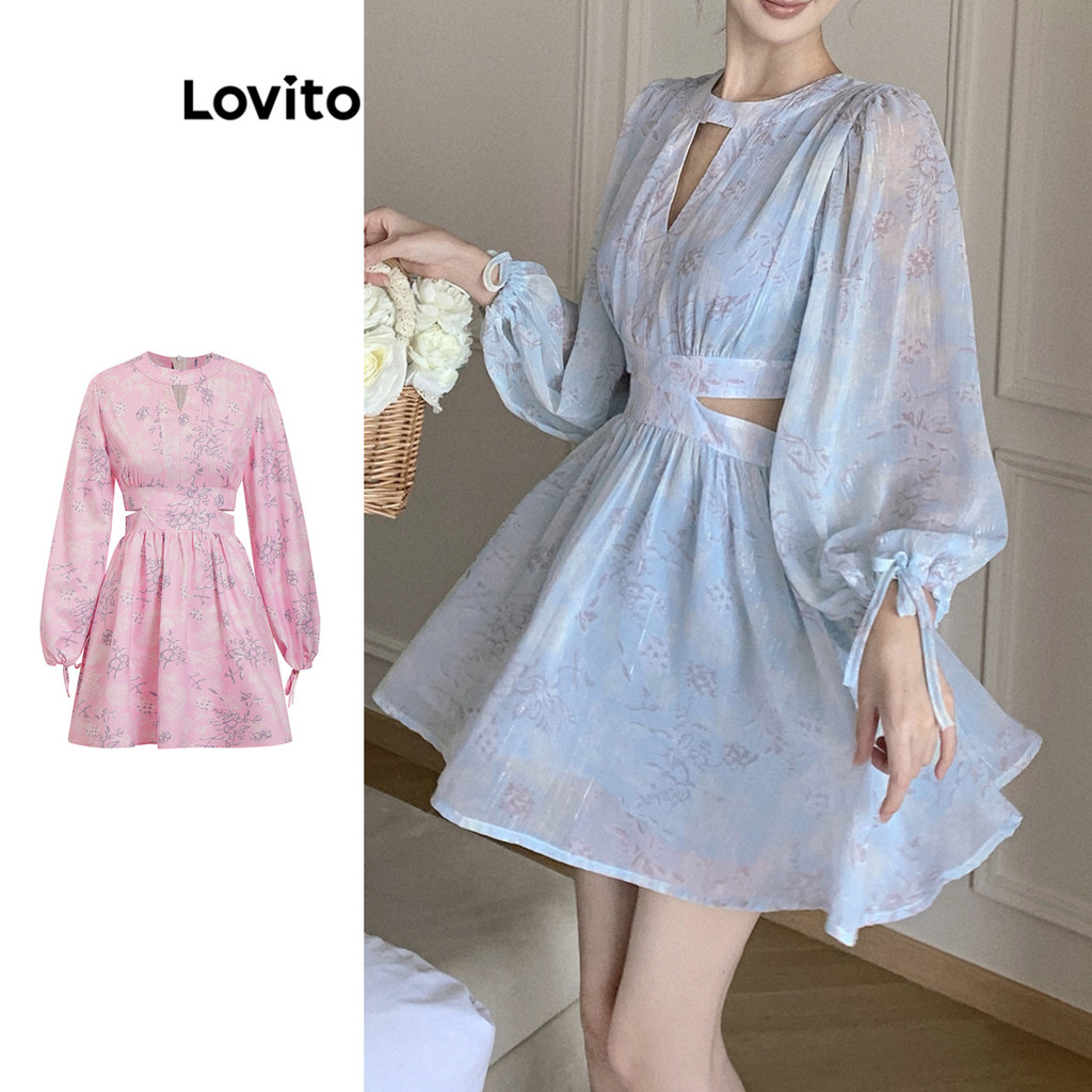 Lovito ชุดเดรสผู้หญิง แขนทรงบิชอป ชายระบาย แบบคัทเอาท์ ลายดอกไม้ หรูหรา LNE29487 (สีฟ้า)