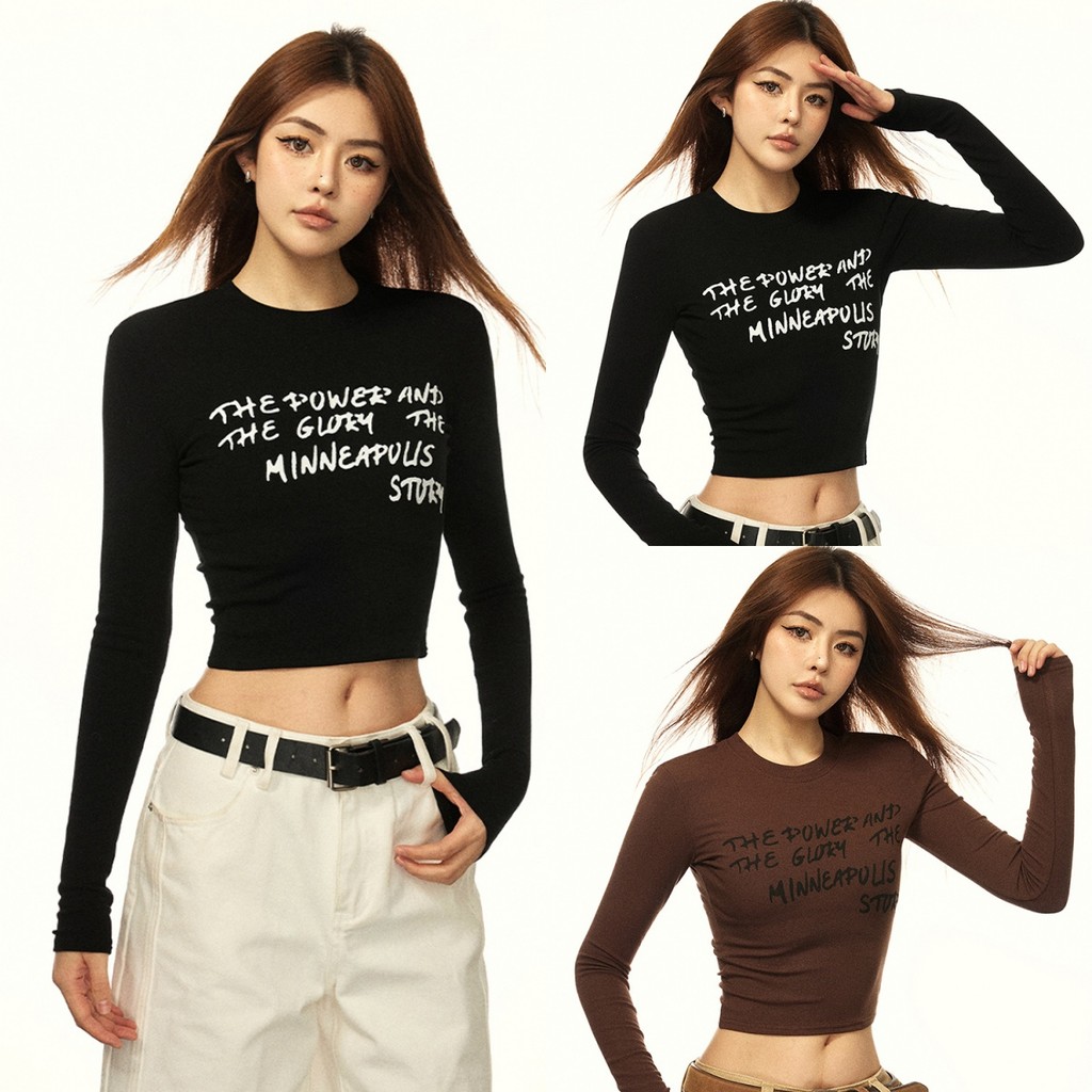 Betty house พร้อมส่ง เสื้อยืดแขนยาวผู้หญิง ผ้าใส่สบาย เสื้อยืดเเฟชั้นสั้น คอกลม พิมพ์ลายโมโนแกรม สไตล์เกาหลี