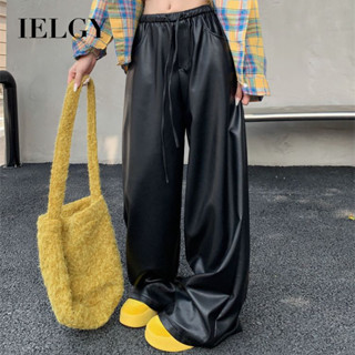 IELGY กางเกงหนัง ปู่ สีดําสําหรับผู้หญิงกางเกงขาตรงเอวสูงทรง…