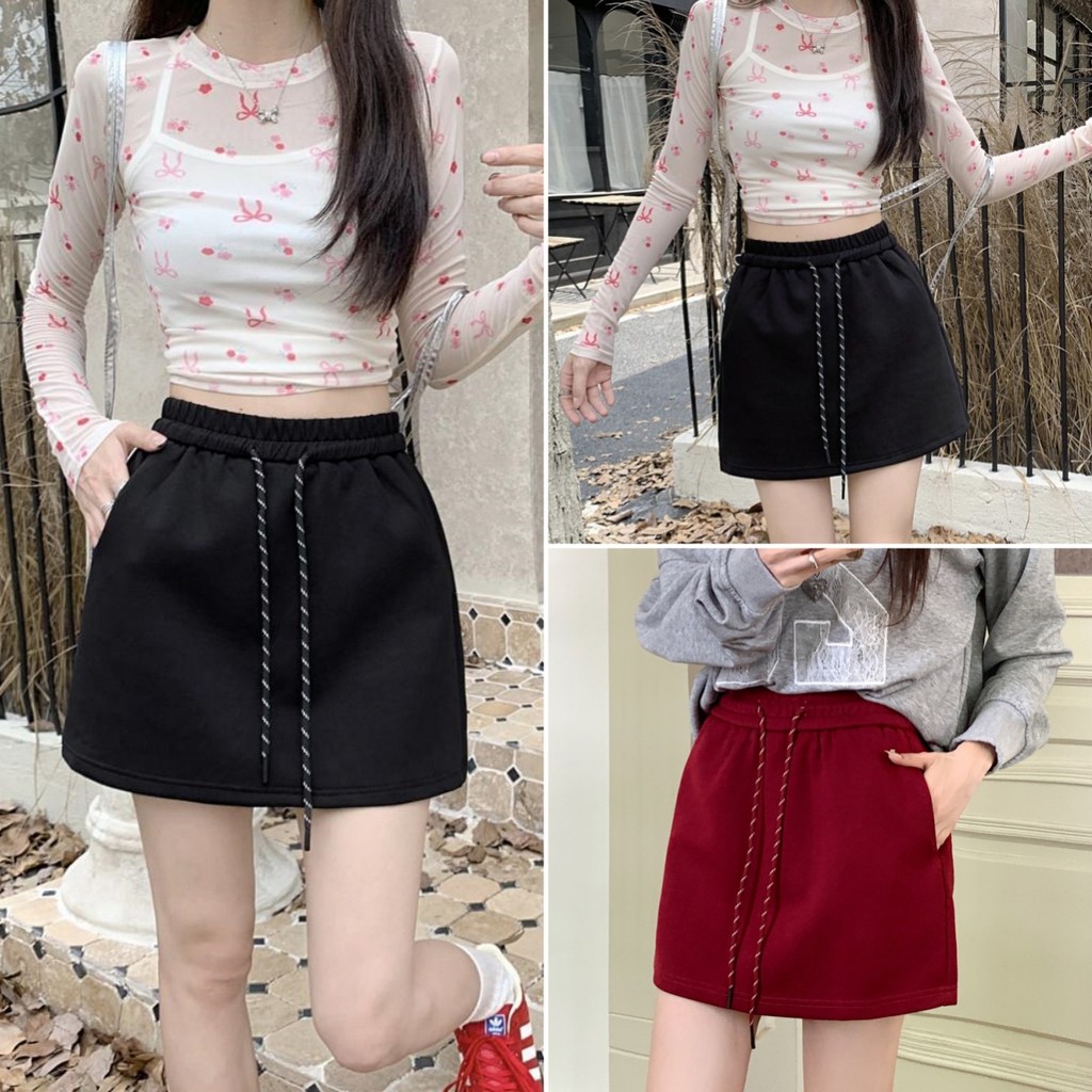 cherryshop พร้อมส่ง กระโปรงสั้นผู้หญิง กระโปรง y2k เอวสูง ทรงเอ น่ารักและเซ็กซี่ ดีไซน์เชือกรูด