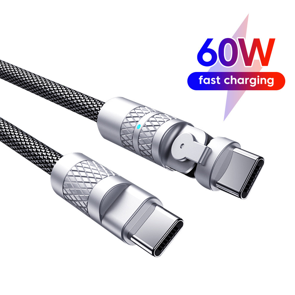 Twitch หมุนได้ 180 องศา PD60W Dual Type C สายชาร์จเร็วประเภท C ถึง Type C สายเคเบิลข้อมูลสายไฟสําหรับโทรศัพท์มือถือและแท็บเล็ต 1.2M 1.8M