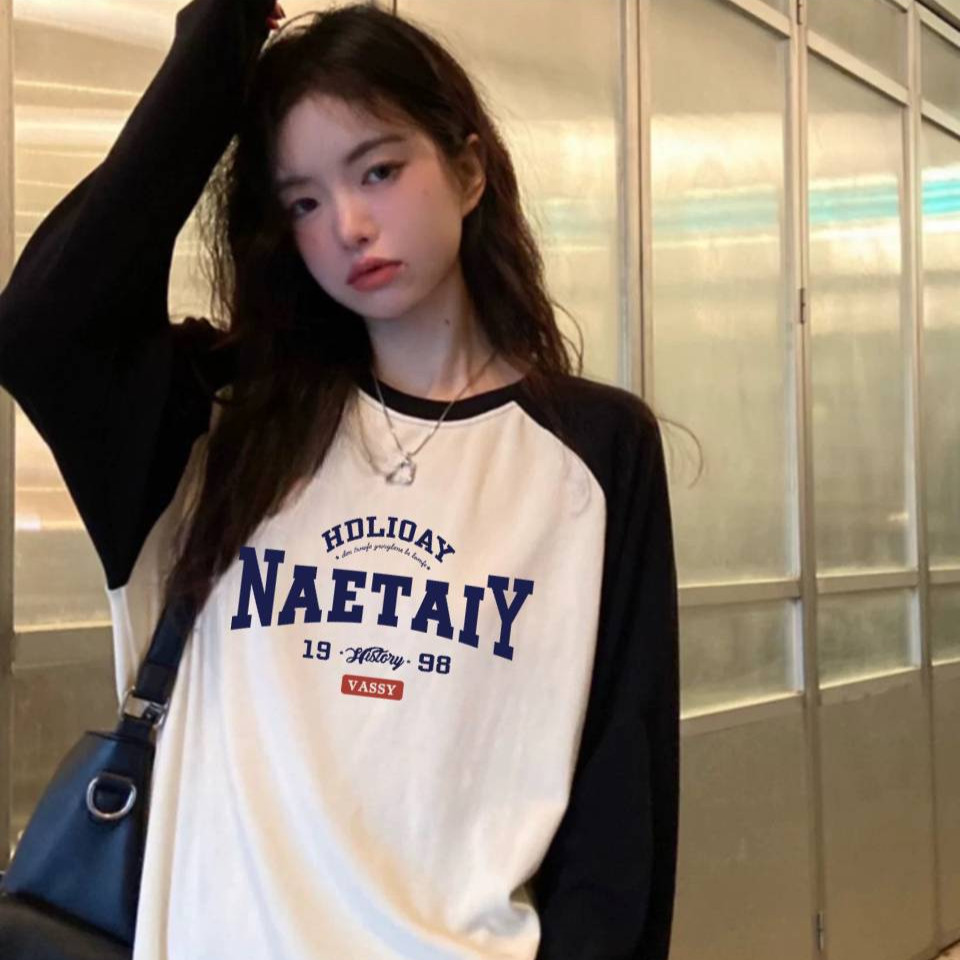 MKL เสื้อยืดแขนยาว คอกลม ทรงหลวมขนาดใหญ่ สีพื้น พิมพ์ลายอักษร เท๋ๆ คูลๆ แฟชั่นฤดูใบไม้ผลิและฤดูใบไม้ร่วง #B017-2