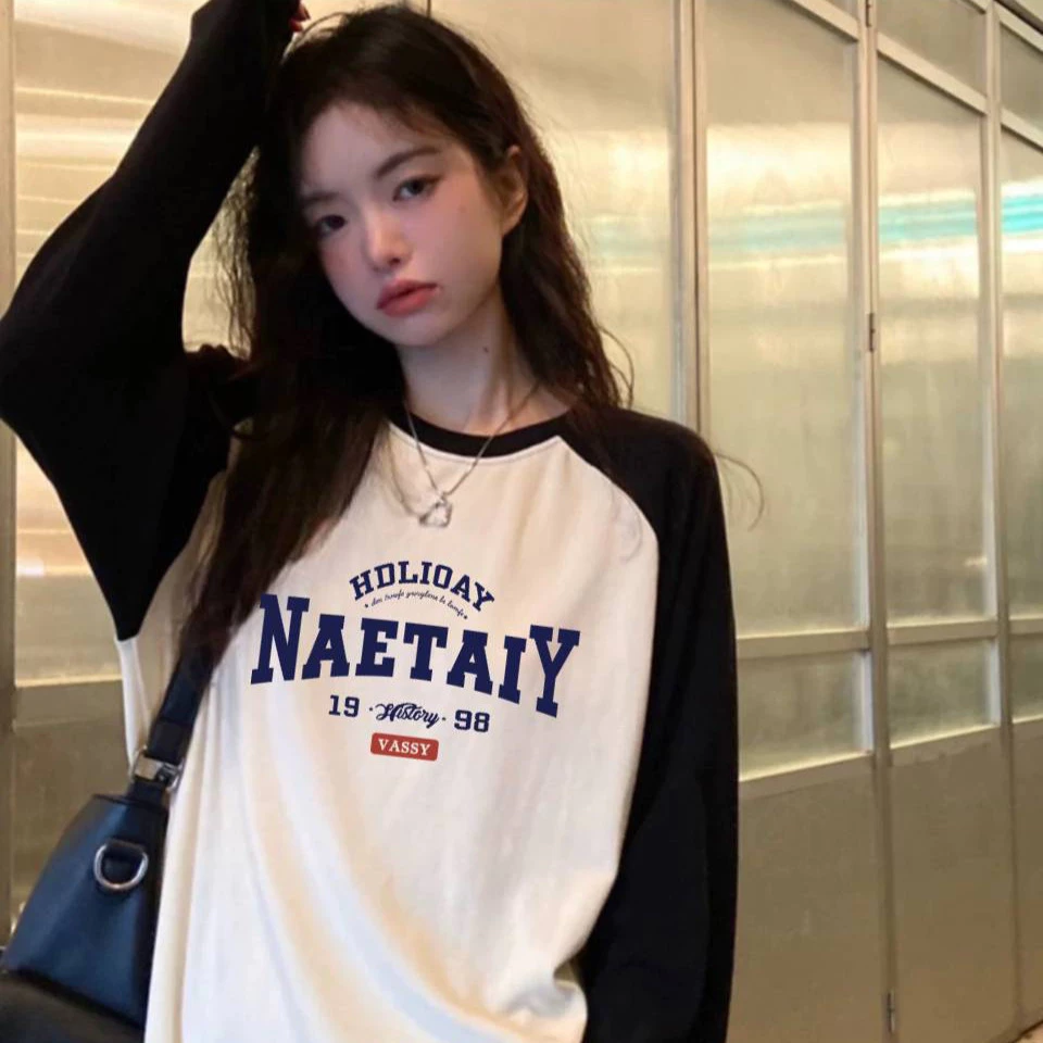 MKL เสื้อยืดแขนยาว คอกลม ทรงหลวมขนาดใหญ่ สีพื้น พิมพ์ลายอักษร เท๋ๆ คูลๆ แฟชั่นฤดูใบไม้ผลิและฤดูใบไม้ร่วง #B017-2