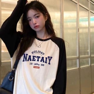 MKL เสื้อยืดแขนยาว คอกลม ทรงหลวมขนาดใหญ่ สีพื้น พิมพ์ลายอักษร เท๋ๆ คูลๆ แฟชั่นฤดูใบไม้ผลิและฤดูใบไม้ร่วง #B017-2