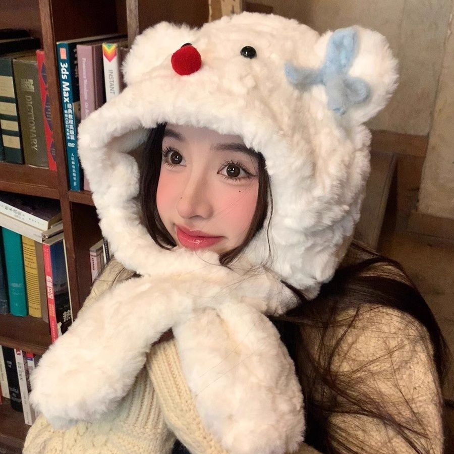 ผีเสื้อปมน่ารักมนุษย์หิมะหนาหมวกฤดูใบไม้ร่วงฤดูหนาวผ้าพันคอป้องกันหูหมวกหมวกการ์ตูน