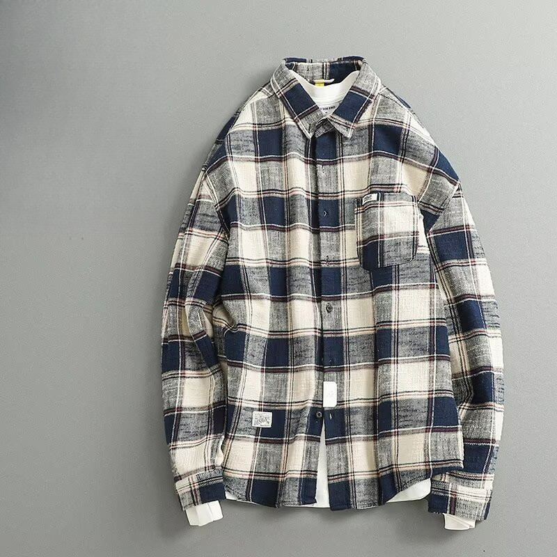 2024 New Spring Men's Hong Kong-Style lapel Retro Thin Plaid striped Loose SHIRT