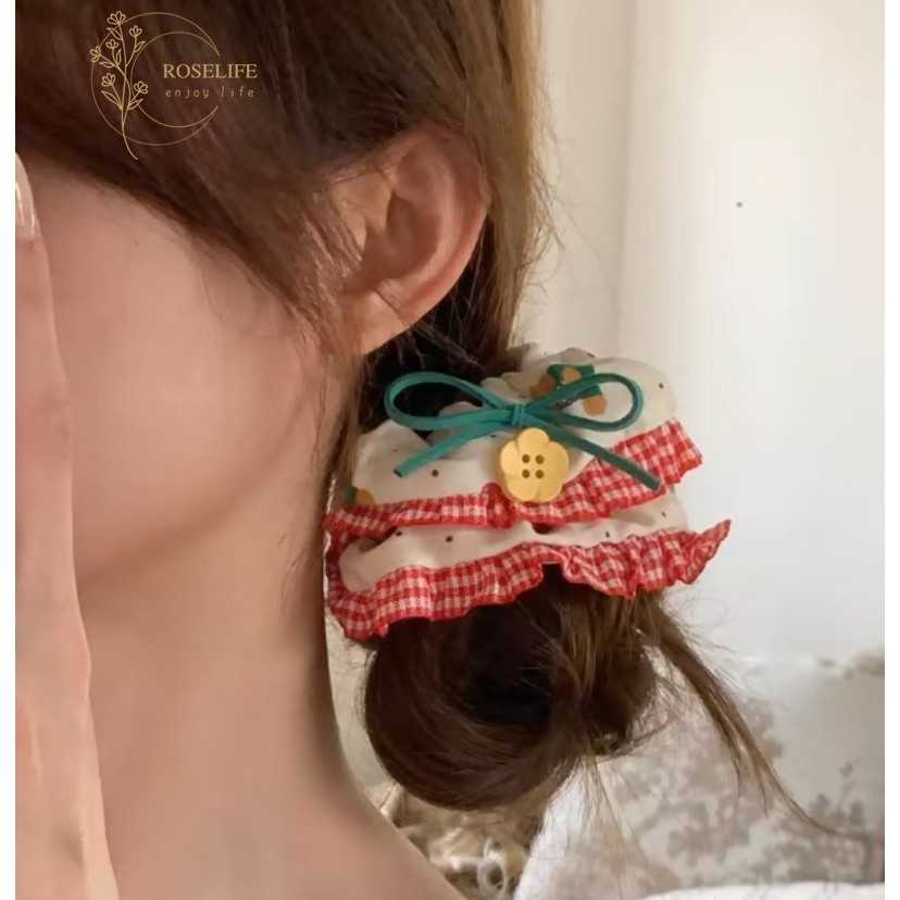 โรสไลฟ์ ฝรั่งเศสหวานน่ารัก เทนเดอร์ สีแดงตารางลูกไม้ดอกไม้ผมวงสําหรับสาวเด็กแฟชั่น สง่างาม ผมผูกผู้ถือผมหางม้าทุกวันอุปกรณ์จัดแต่