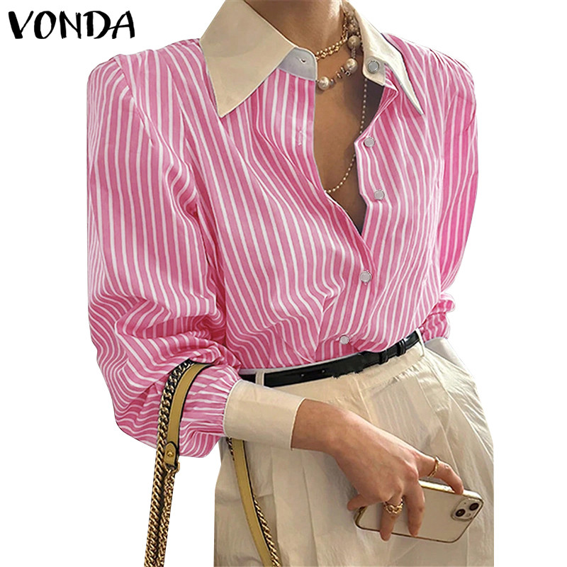 Vonda เสื้อเชิ้ตแขนยาวลายเย็บปะติดปะต่อกันแฟชั่นวินเทจสําหรับผู้หญิง