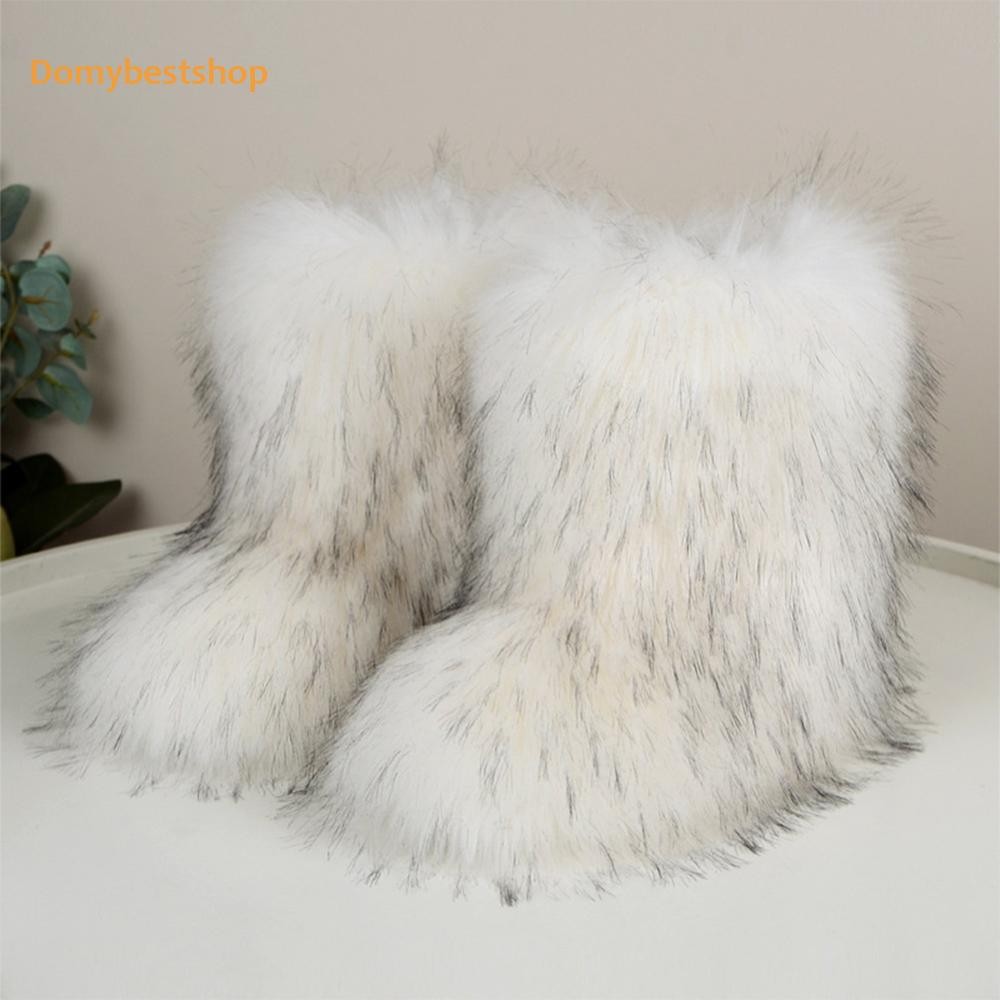 ผู้หญิง Furry Boots อบอุ่นสบาย Faux Fur Boots Snow Boots รองเท้าส้นแบนกลางแจ้ง [Domybestshop.th]