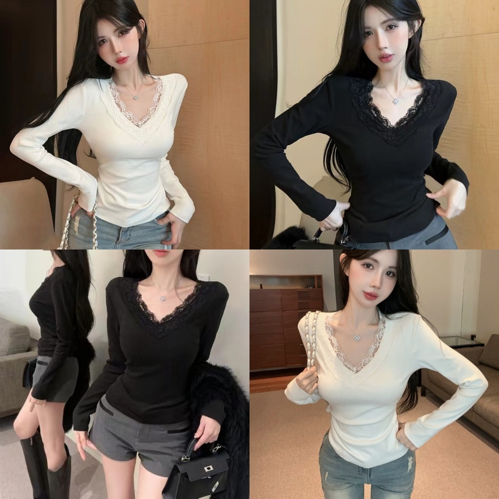 Evelyn เสื้อคอวีแขนยาว มีฟองน้ำ ดีเทลแต้งลูกไม้ยืดตามตัว เสื้อครอป สไตล์เกาหลี คาวาอี้คาวาใจ#FY857