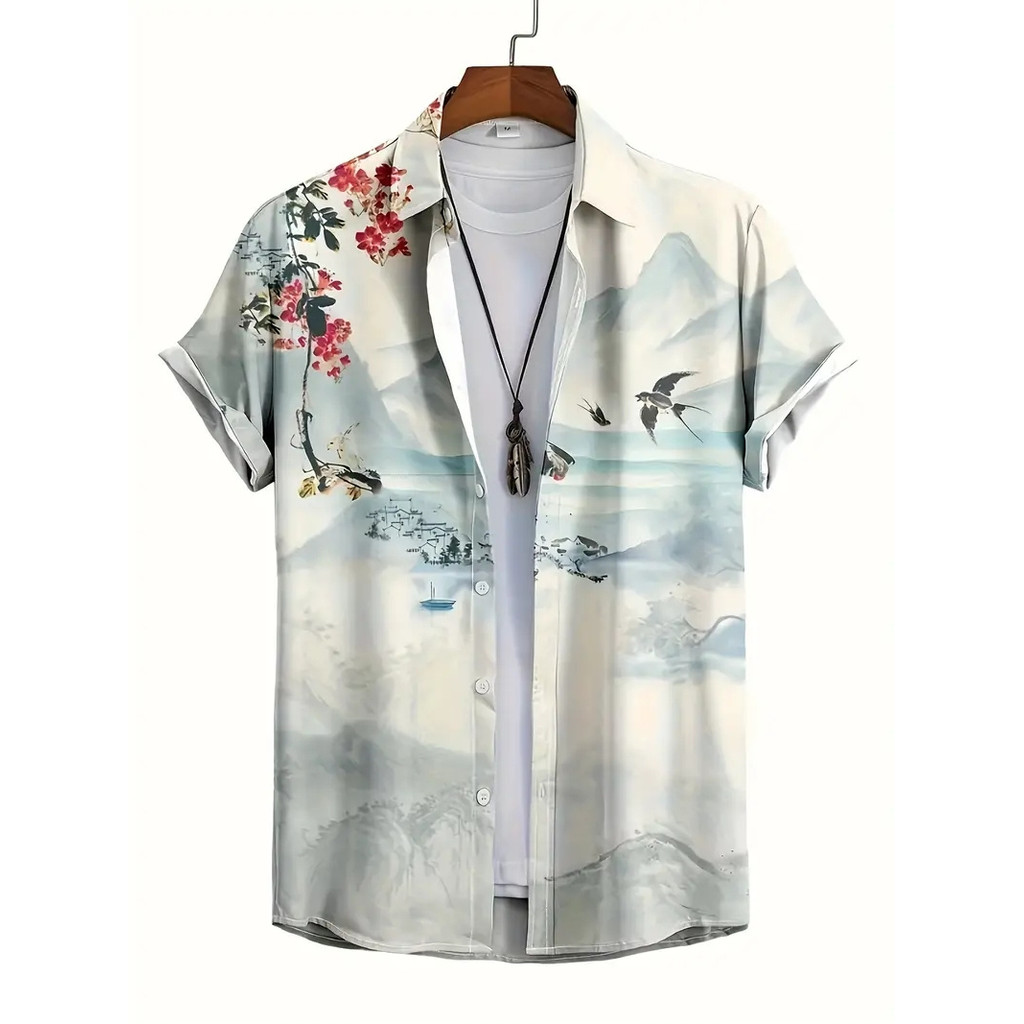 เสื้อเชิ้ตลายปกฮาวายแฟชั่นสําหรับผู้ชายพิมพ์ลายสัตว์หมึกอินเทรนด์เหมาะสําหรับวันหยุดฤดูร้อนและชุดลําลอง