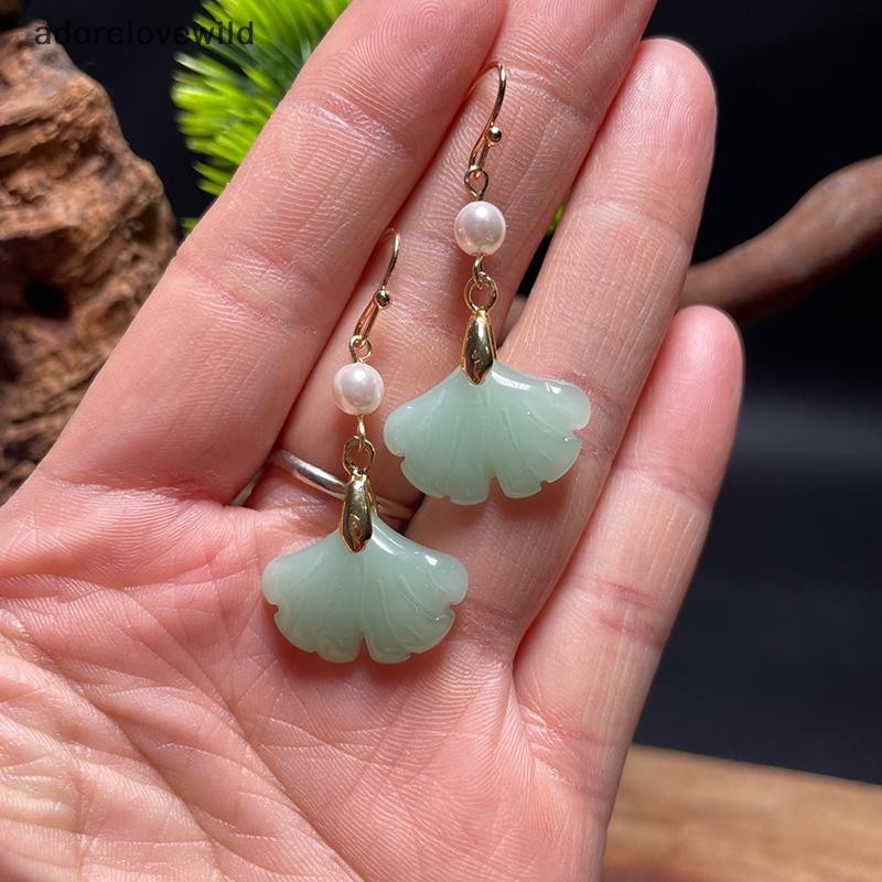 Adorelovewild Retro สีเขียวหยก Ginkgo Leaf สไตล์ Pearl Drop ต่างหูสไตล์จีนโบราณ Hook ต่างหูสําหรับของขวัญผู้หญิง sf
